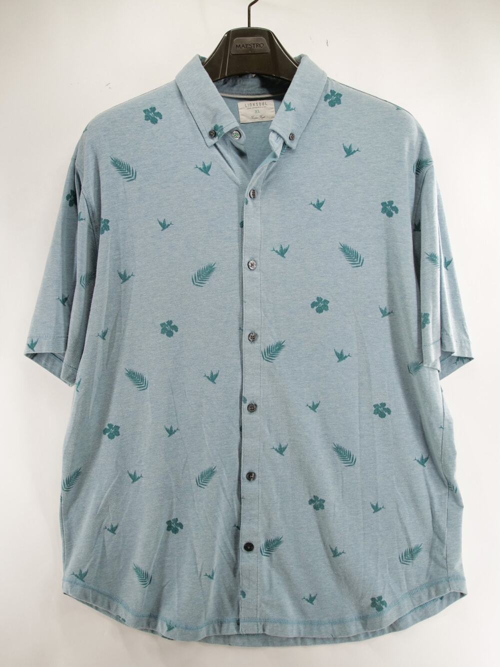 Linksoul Golf Shirt Mens XL Blue Tropical Palm Hibiscus Button Down Polo Stretch